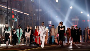 Models walk on Hollywood Blvd at the conclusion of the Gucci Love Parade fashion show in Los Angeles, California, U.S., November 2, 2021. REUTERS/Mario Anzuoni  